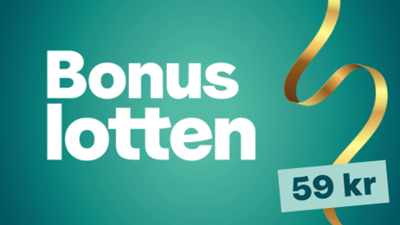 Grön bakgrund med texten 'Bonuslotten 59 kr' och guldfärgat band.