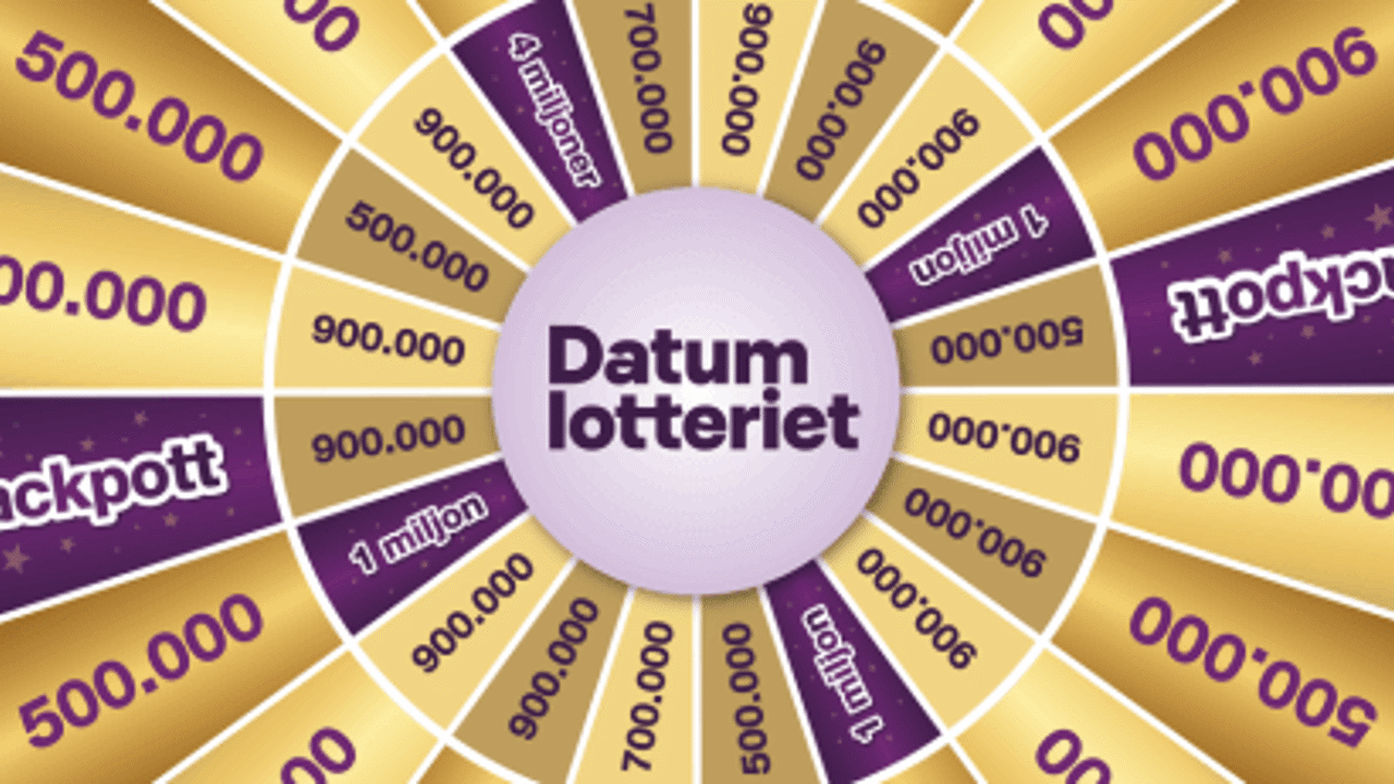 Snurrhjul från Datumlotteriet med olika vinstbelopp, inklusive jackpott och upp till fyra miljoner kronor.