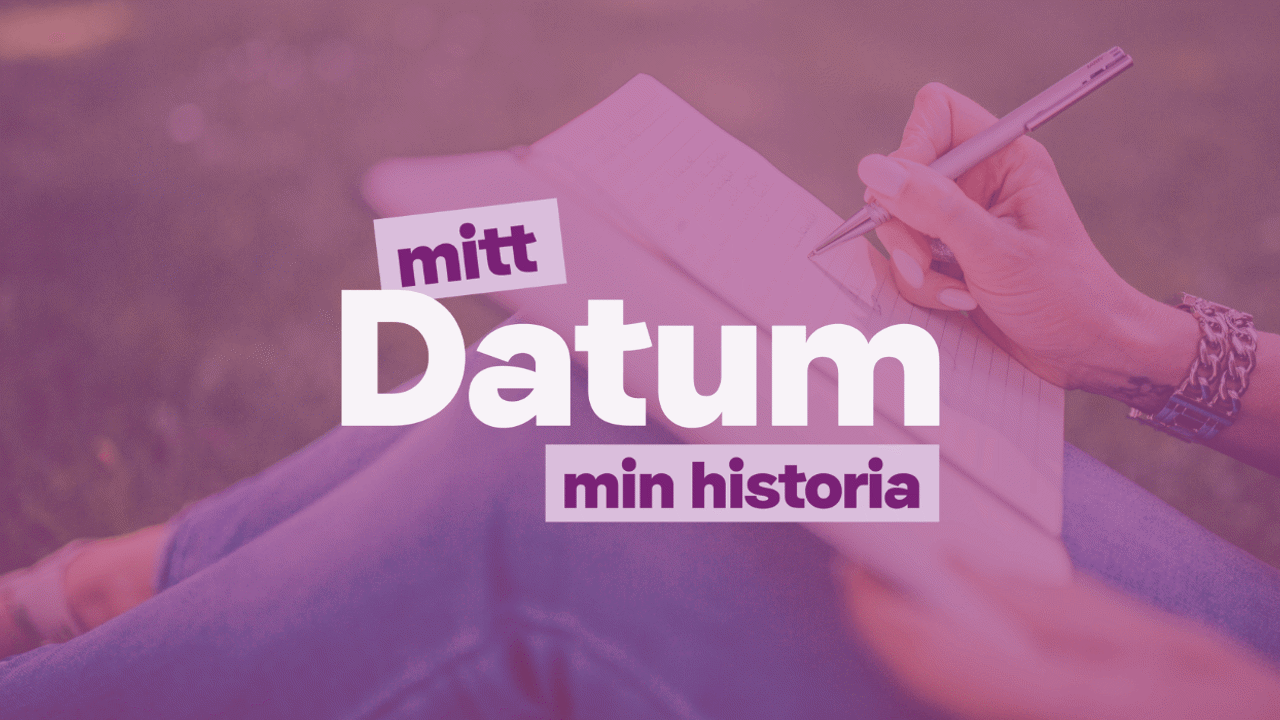 Mitt datum – min historia' över bild av person som skriver i anteckningsbok.
