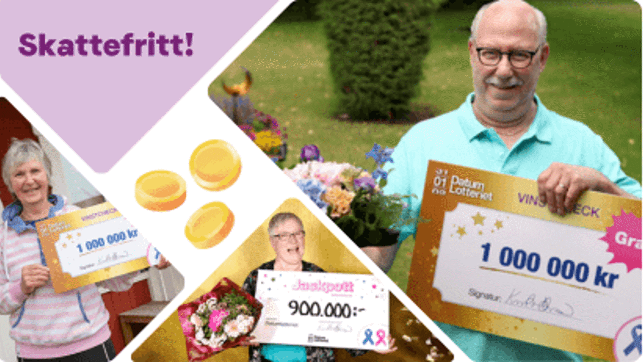 Glada vinnare visar upp vinstcheckar från Datumlotteriet med texten 'Skattefritt!'